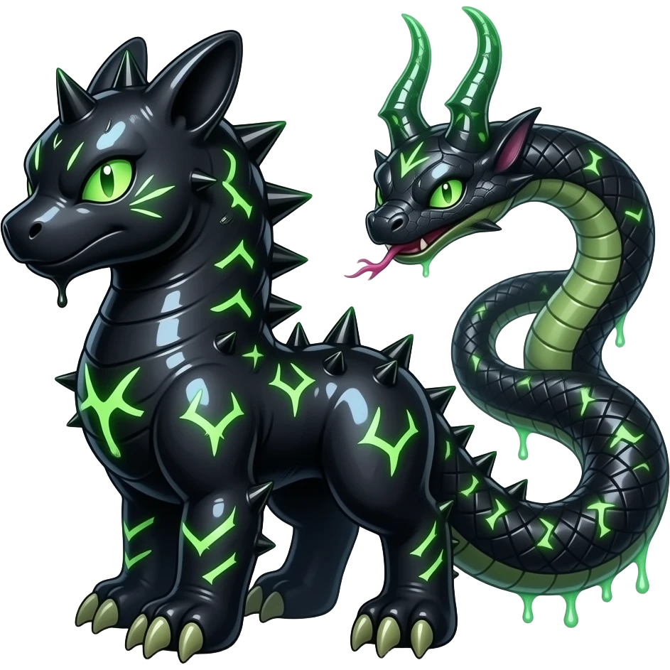 Shiny edgy spiky oily poisoned glittery black with neon-markings sparkling bioluminescent edgy cool Salandit-Salamence-Ekans-Seviper-Rapidash-Salazzle-Fakemon-hybrid emoji