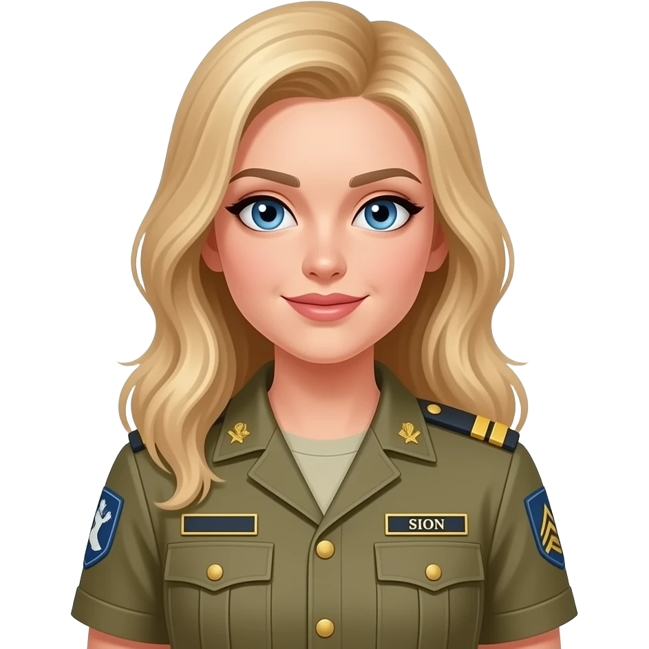 woman - military - kaki uniform - blond long hair - blue eyes - feminine - under officer grade - SION on name tag emoji