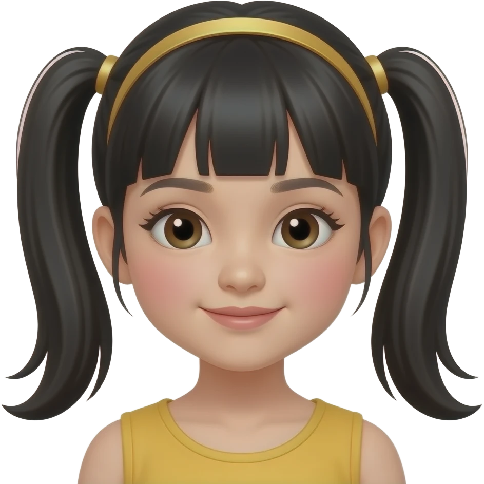 A Chinese child about 9 year old black hair with pigtails in a golden colour headband and has make up on and make the blush visual emoji