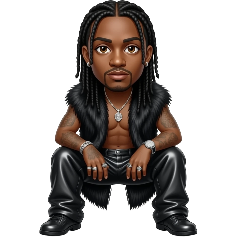 Flesh-n-Bone from Bone Thugs-N-Harmony with brown eyes, long black hair, black fur shawl, black metallic baggy pants, shirtless with necklace and earrings emoji