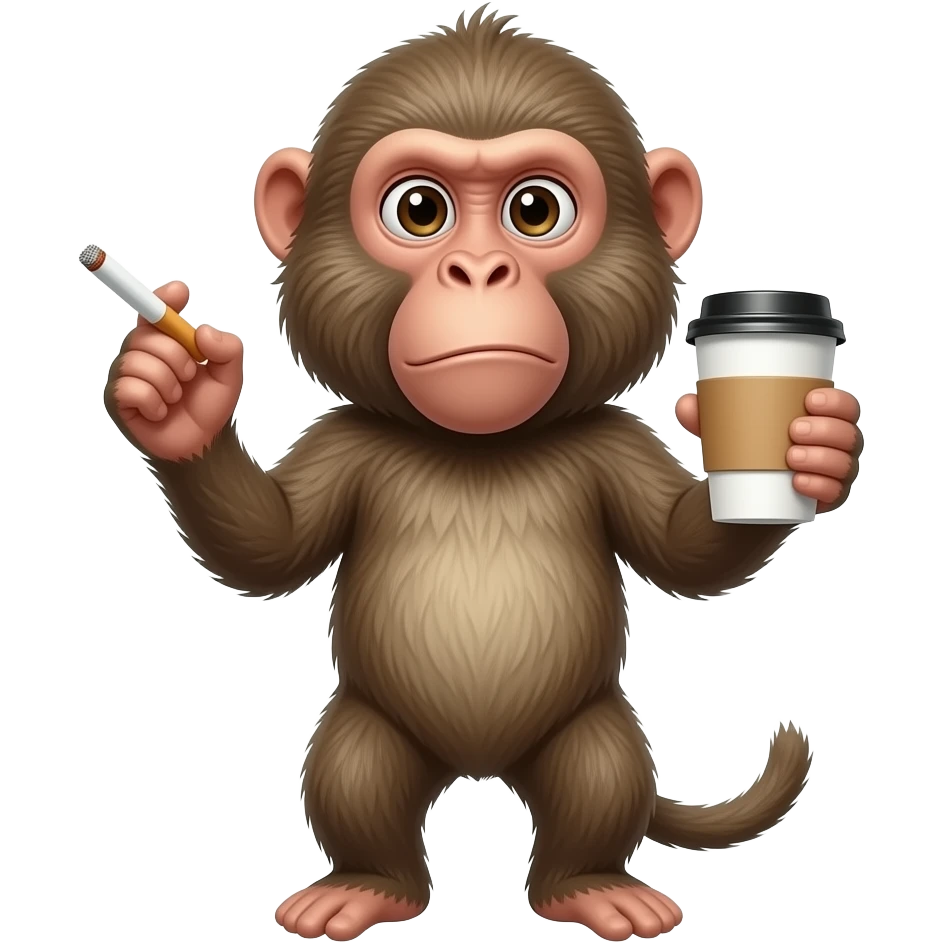 Funny picture of a baboon with a cigarette in 1 hand and a coffee in the other.. with 1 eyebrow raised emoji