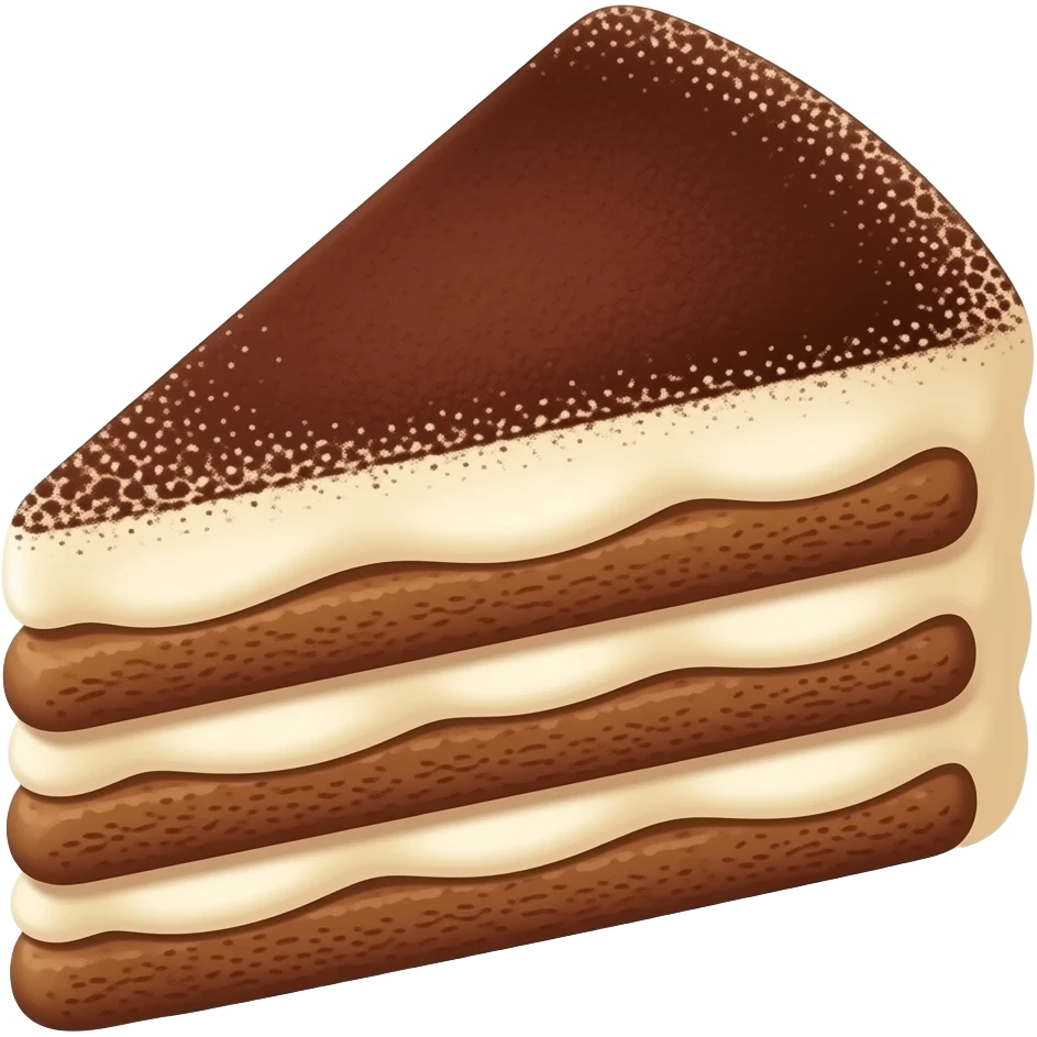 A triangular piece of tiramisu with 6 alternating layers of coffee-soaked ladyfingers and creamy filling, topped with cocoa powder dusting, soft 3D lighting, isometric vector art, simple composition, studio lighting, no text, no plate, no utensils, no shadows on edges emoji
