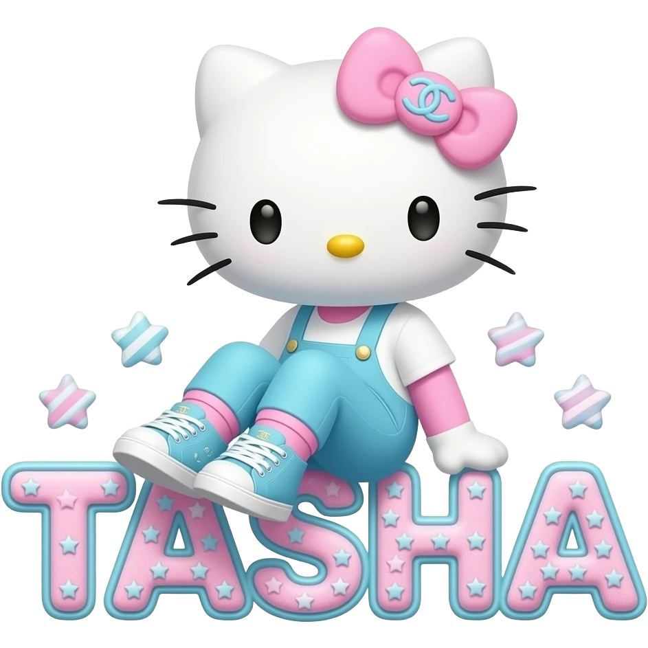 4D Velvety fur hello kitty wearing ombre white and blue and pink ombre pastel colored leggings and sneakers, and with the Chanel symbol on her ombre pastel bow sitting sideways leaning back on top of the velvety 3D outlined letters TASHA surrounded with tiny ombre pastel stars made of candy emoji