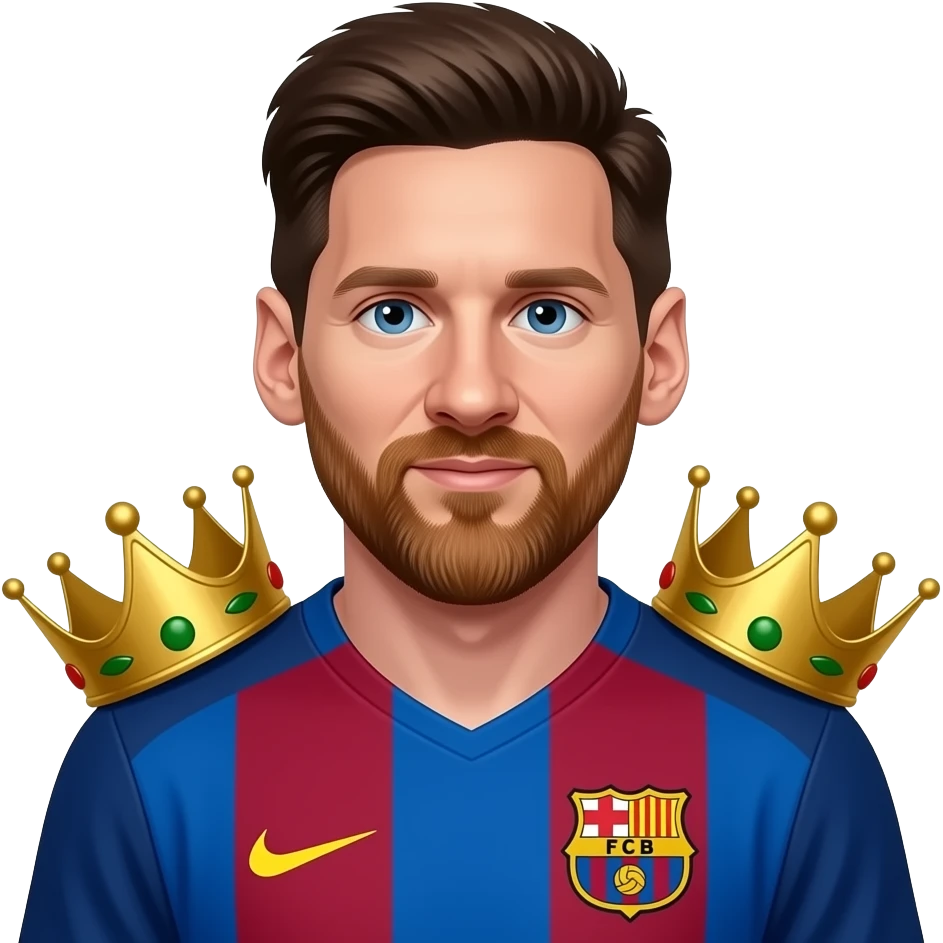 Messi emoji avatar, Barcelona jersey, cute cartoon style. Two identical golden king crowns placed symmetrically on both sides of the chest. emoji
