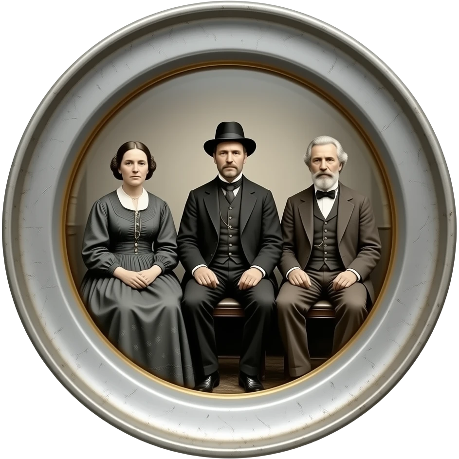 two mothers and two fathers depicted in sitting poses as in daguerreotypes posing in vintage civilian clothes - on a plate in daguerreotype format - chemically damaged emoji