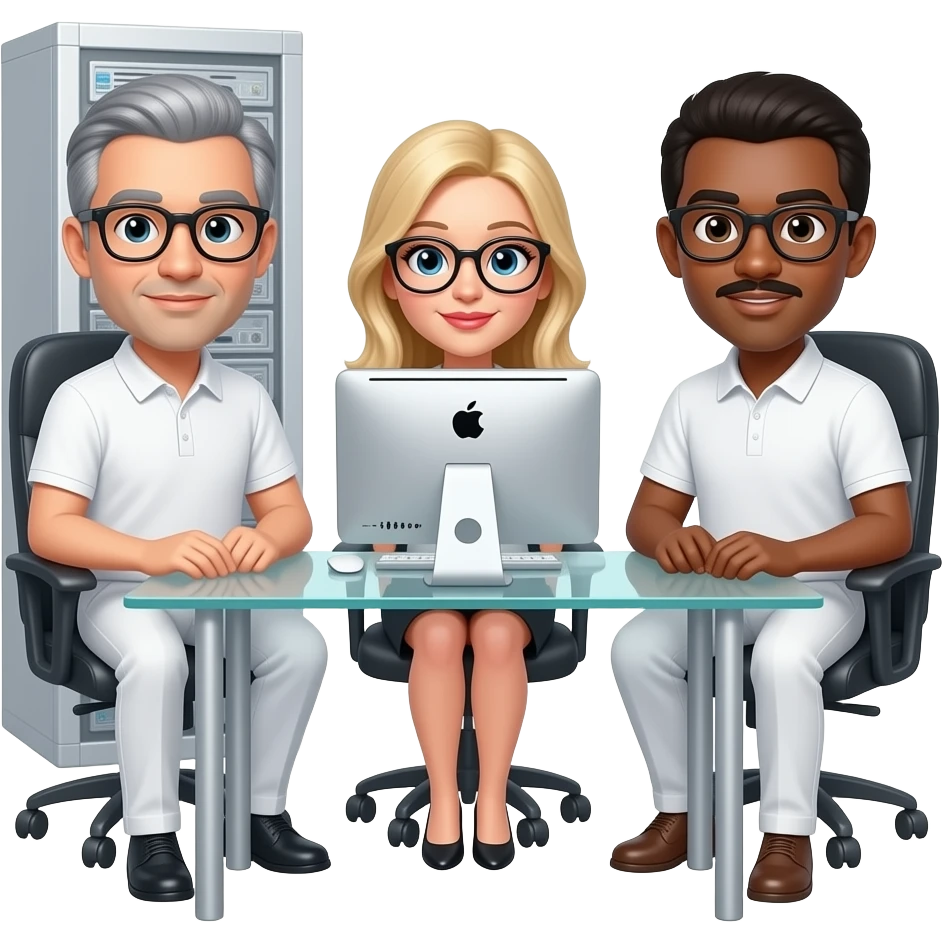 In the background is a silver server cabinet, in the foreground is a glass table and an imac computer, next to it are two men wearing glasses, one has gray hair, the other has black hair, dressed in white trousers and a polo shirt, one attractive girl, a blonde in glasses, is sitting at the table, emoji