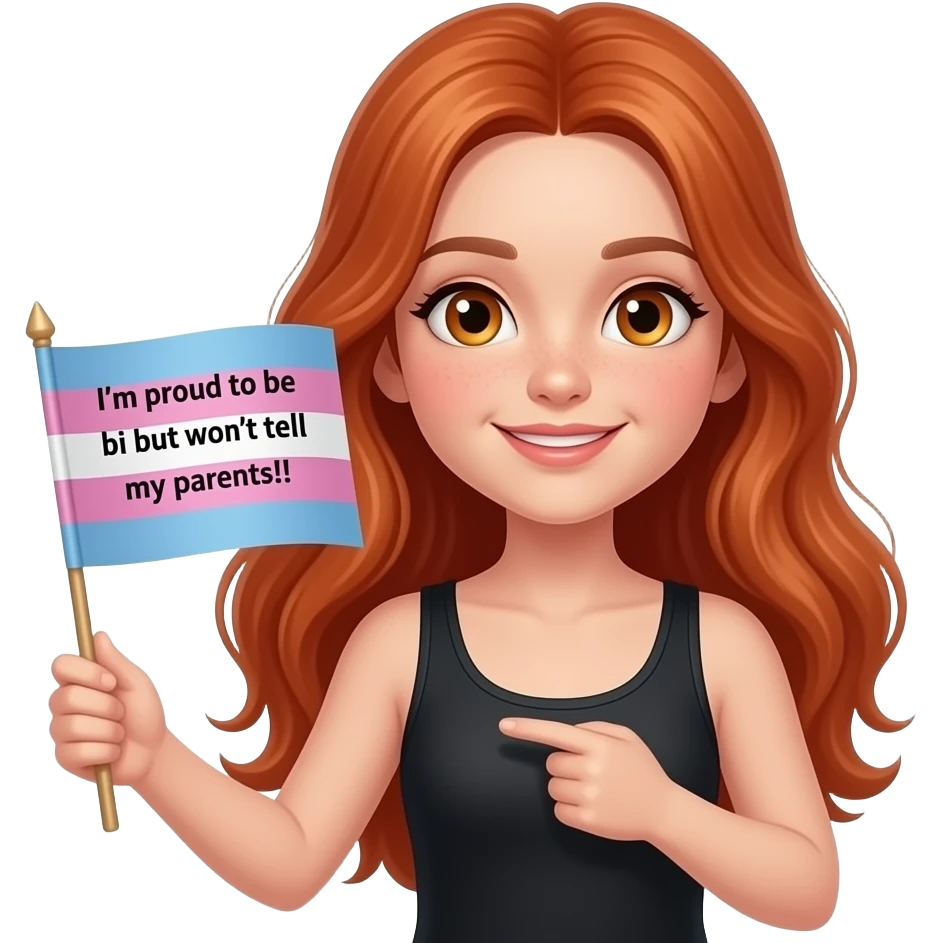 ten year old with long red hair and amber eyes and a black tanktop holding a bisexual flag and saying "I'm proud to be bi but won't tell my parents!!" emoji
