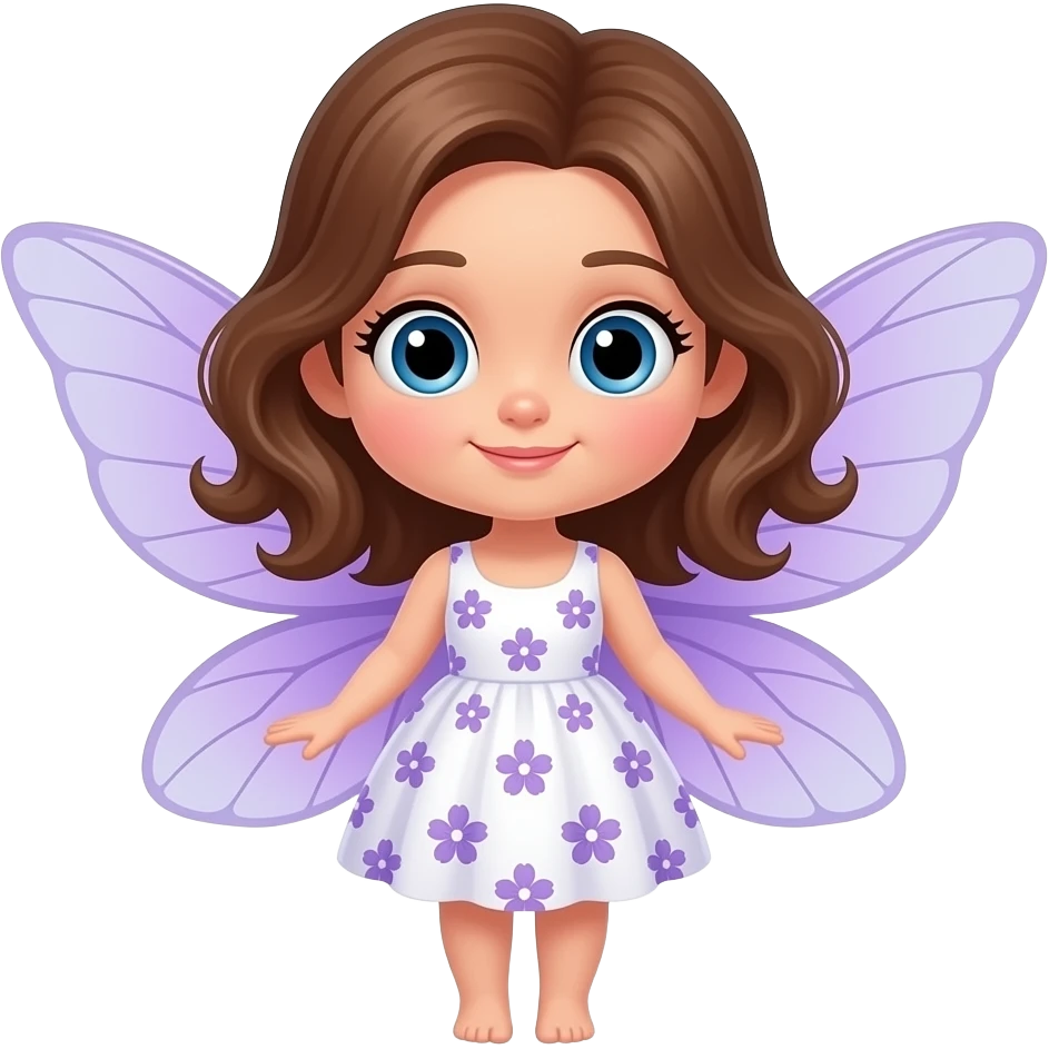 Cute cartoon fairy with large blue eyes and brown hair styled in soft, wavy locks reminiscent of violet petals, wearing a white dress with a delicate violet floral pattern, her translucent light violet wings spread emoji