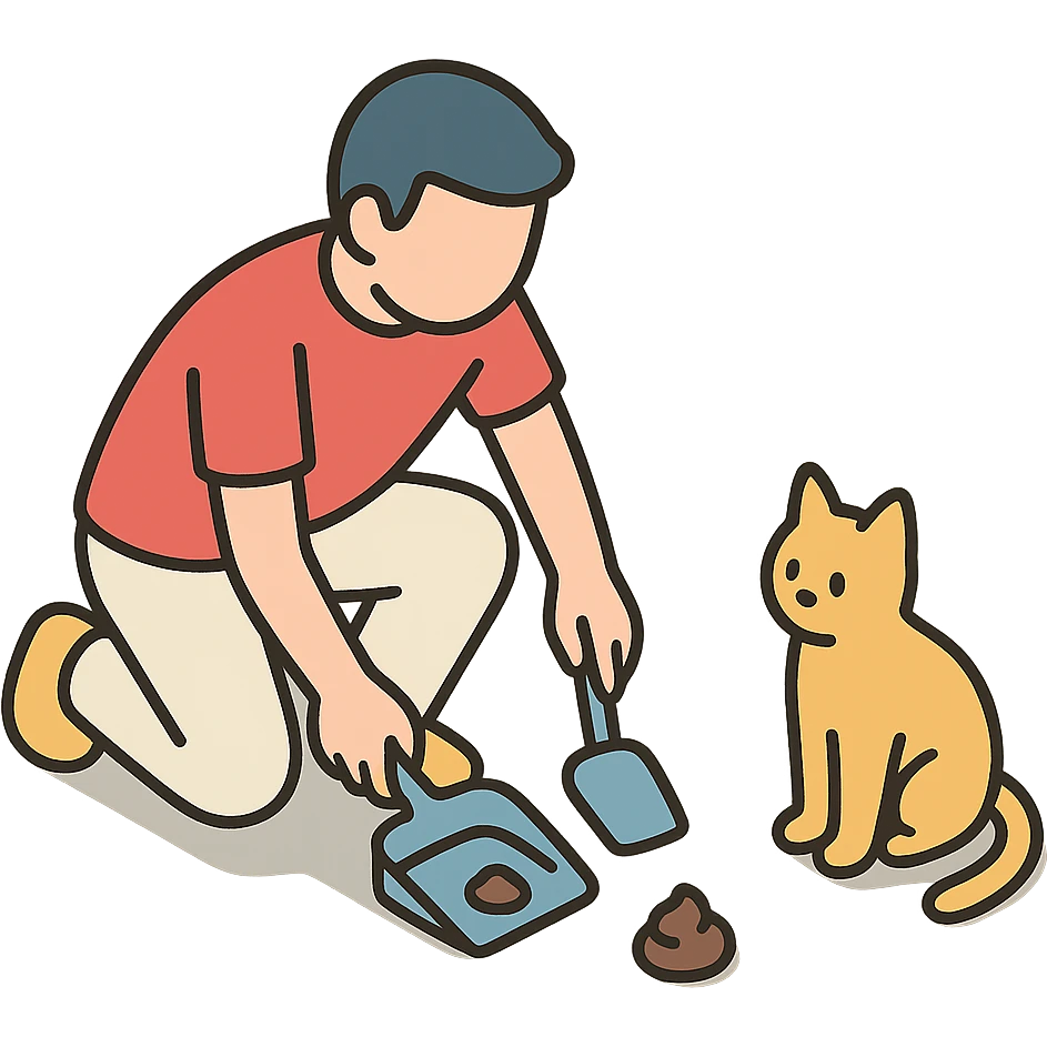 мужчина убирает за кошкой emoji