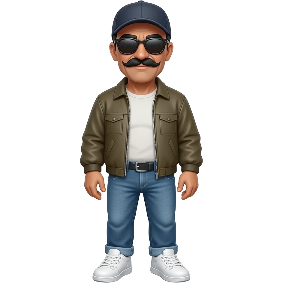 Hombre de 78 con bigote mucho más grande grande y mas oscuro, calvo y poco pelo negro en los lados y sin barba, moreno con algo de abdomen, zapatos deportivos blancospantalón vaquero, camisa, cazadora, gafas de sol cristales oscuros con gorra de beisbol emoji