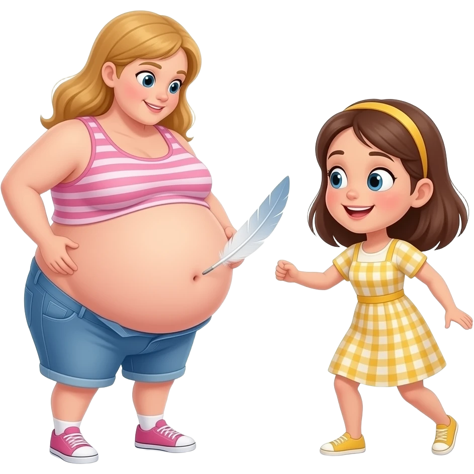 A girl with a huge bloated belly,now faces a battle with a feather that wants to tickle her bellybutton. emoji