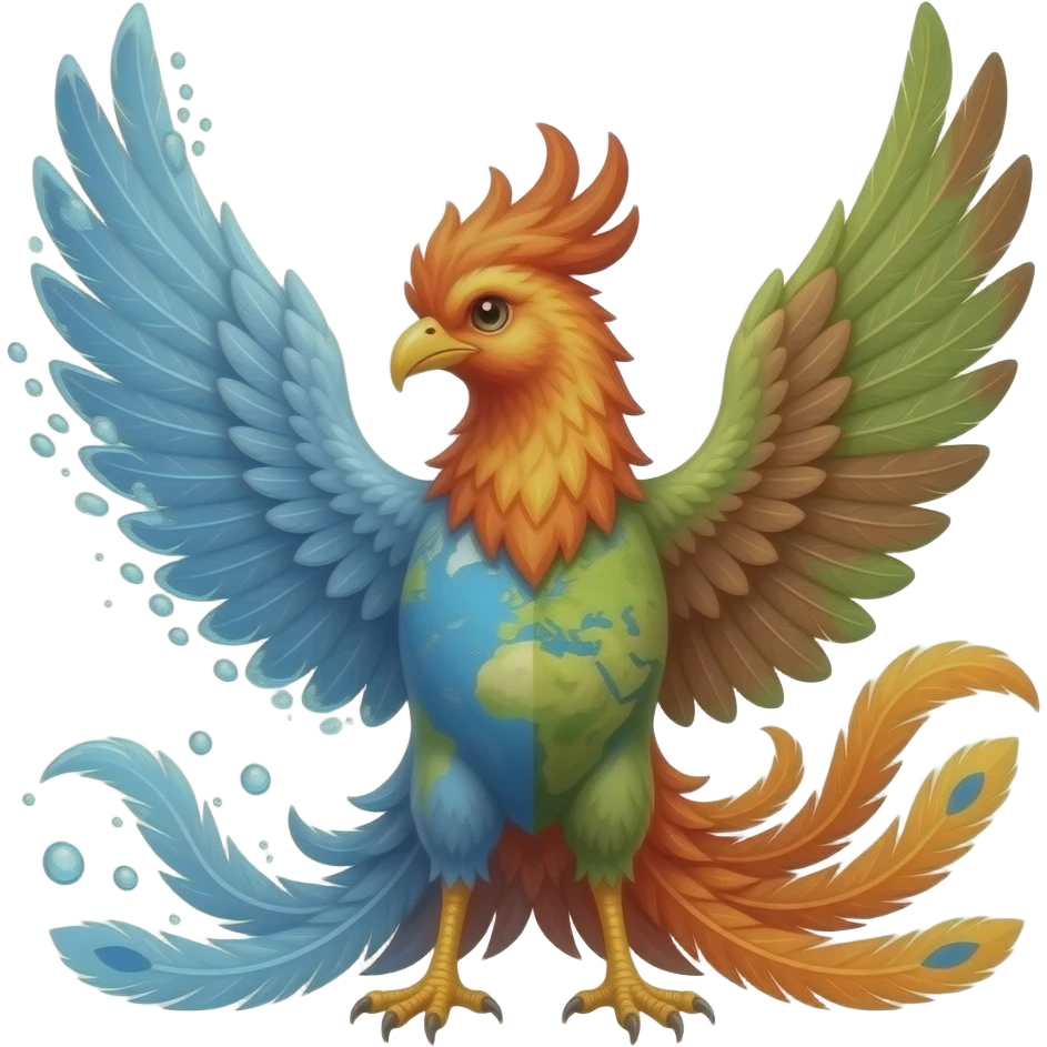 A phoenix with long tail feathers made of water on one side and Earth on the other side facing the camera emoji