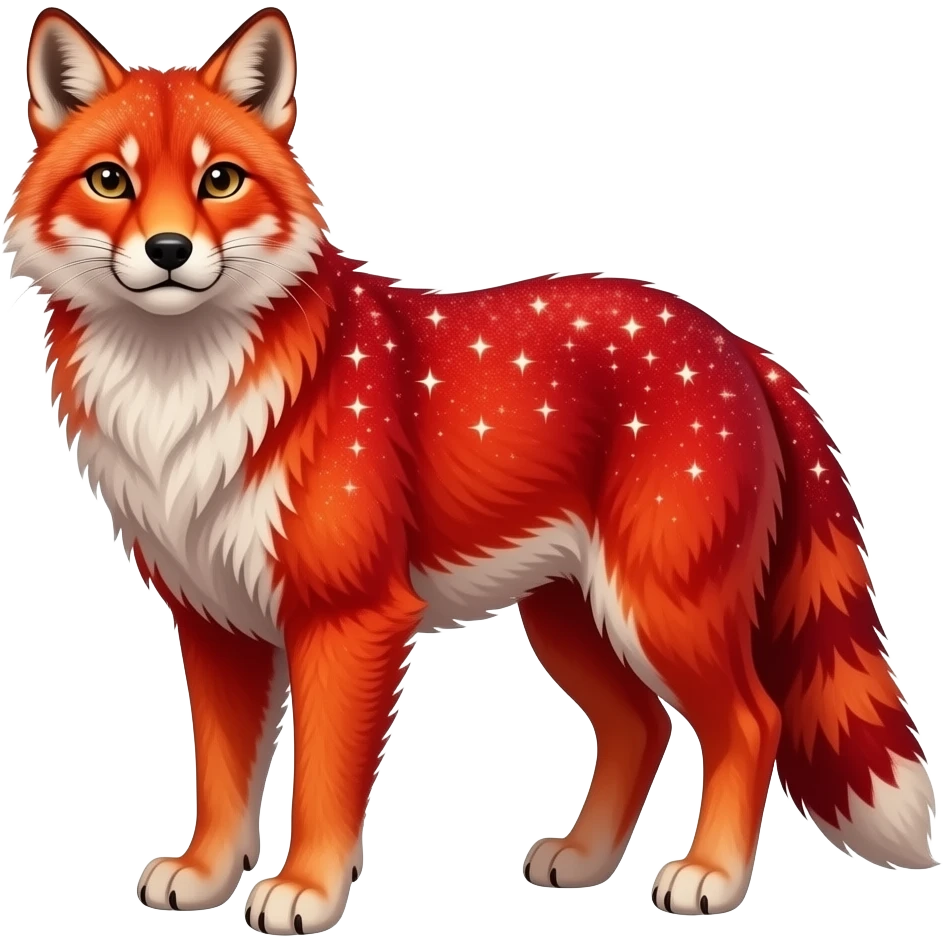 Hyper realistic fire red velvet fur soaked in starlight glitter and shadow gradients beautiful, full body emoji