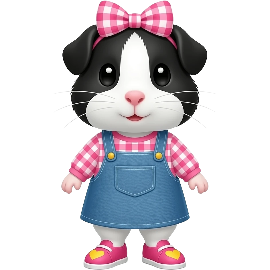 black and white guinea pig with pink long sleeve gingham shirt, jean dress, pink shoes with yellow hearts and a pink gingham bow in hair emoji
