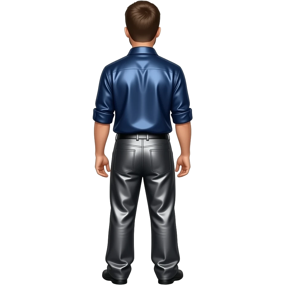 Justin Timberlake from behind with navy blue metallic shirt, dark grey metallic faux loose pants emoji