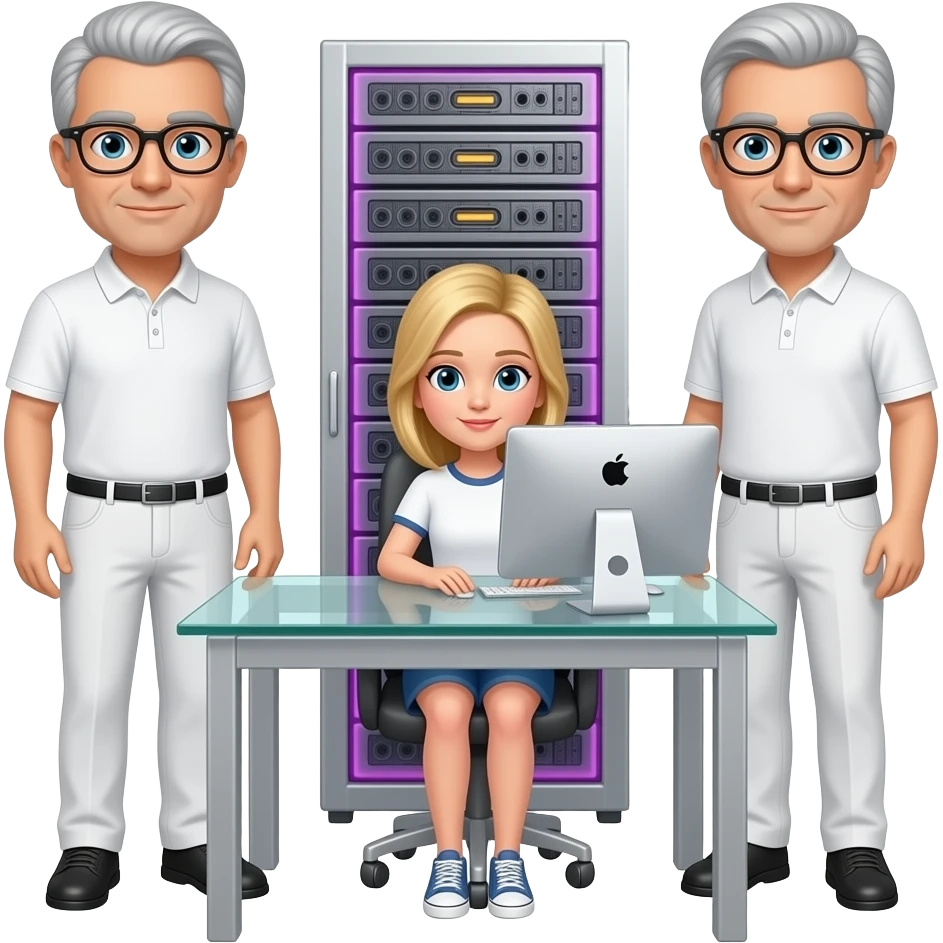 In the background is a silver server cabinet with purple lighting, in the foreground is a glass table and an imac computer, two men are standing, gray hair, black glasses, black hair, silver glasses, dressed in white pants and a polo shirt, a blonde girl is sitting at the table, emoji
