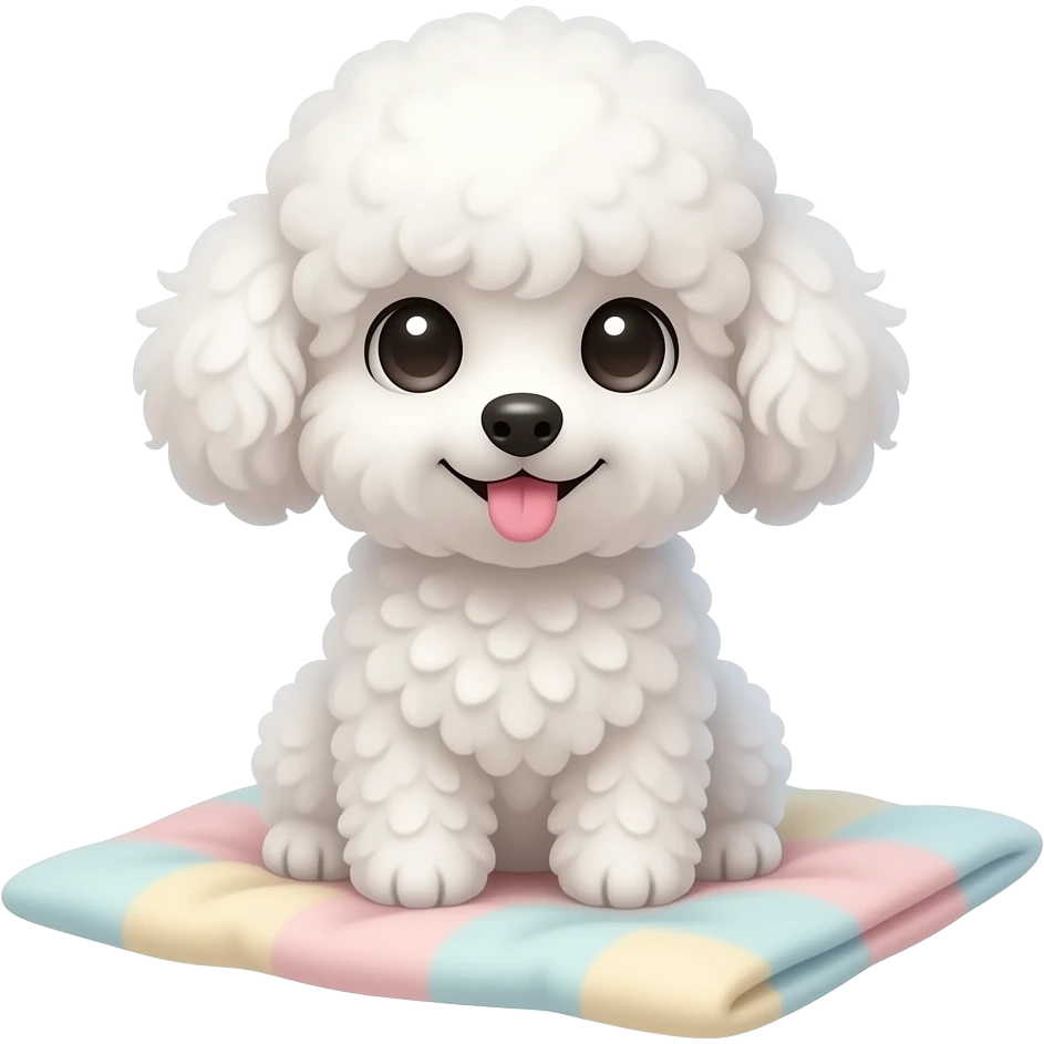 A cute fluffy white toy poodle sitting on a soft pastel blanket, huge sparkling eyes, curly fluffy fur, tiny pink tongue sticking out, cozy warm lighting, ultra adorable expression, detailed fur texture, soft shadows, kawaii aesthetic, high quality, centered composition emoji