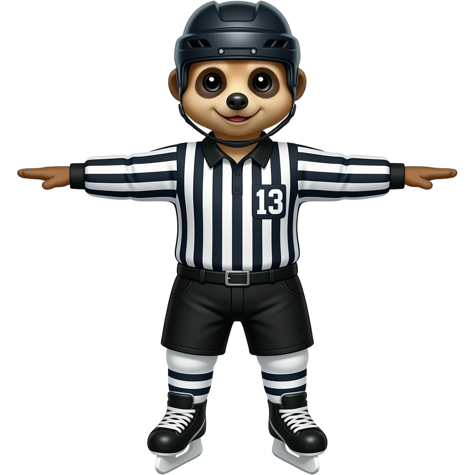 Create a meerkat hockey referee with skates and helmet jersey and number 13 showing NO-GOAL posture with both hands showing to side emoji