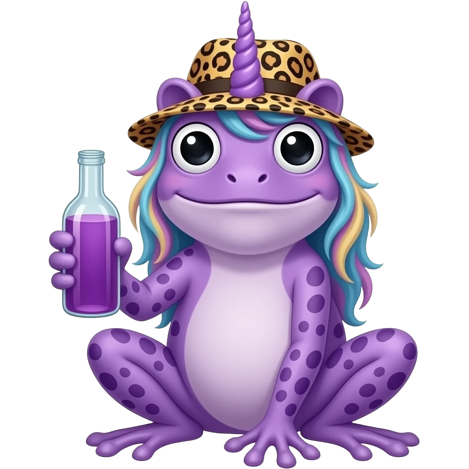 hacme una rana boracha i que tenga la votella con un gorro con forma de leopardo con el pelo largo i pintado de unucorniocon botella de borachopiel lila emoji