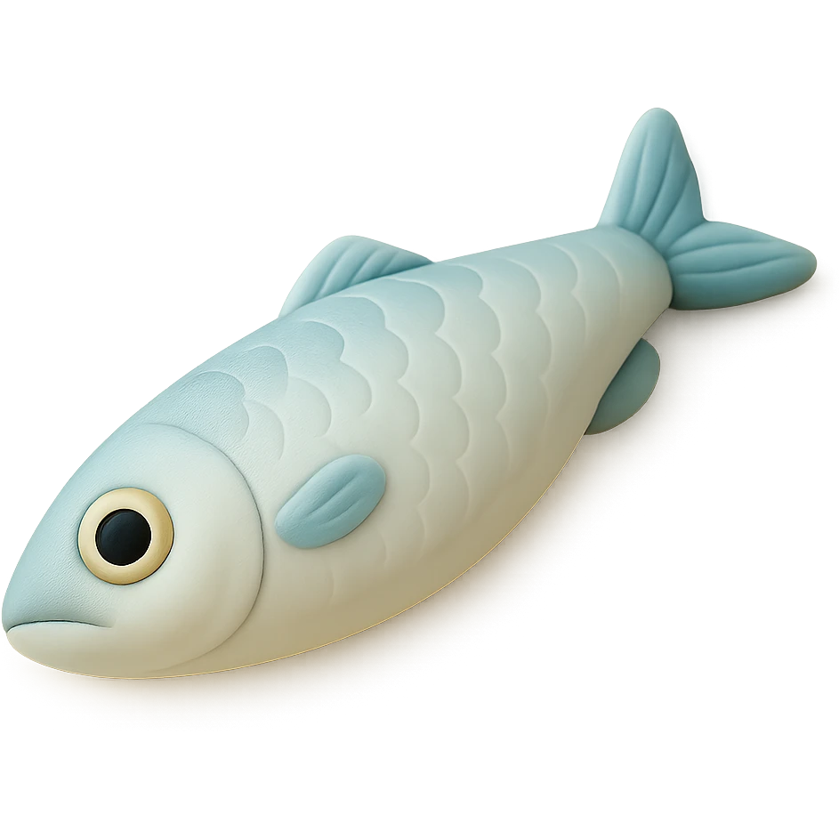 Edit the image to depict a single anchovy with shiny scales in fondant cake art style, soft pastel colors, no background, and no text. emoji