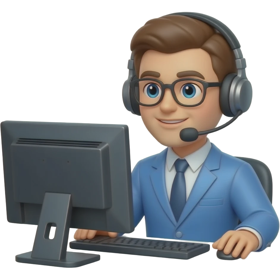 call centre specialist with headfone with microphone and pc screen , 3d emoji
