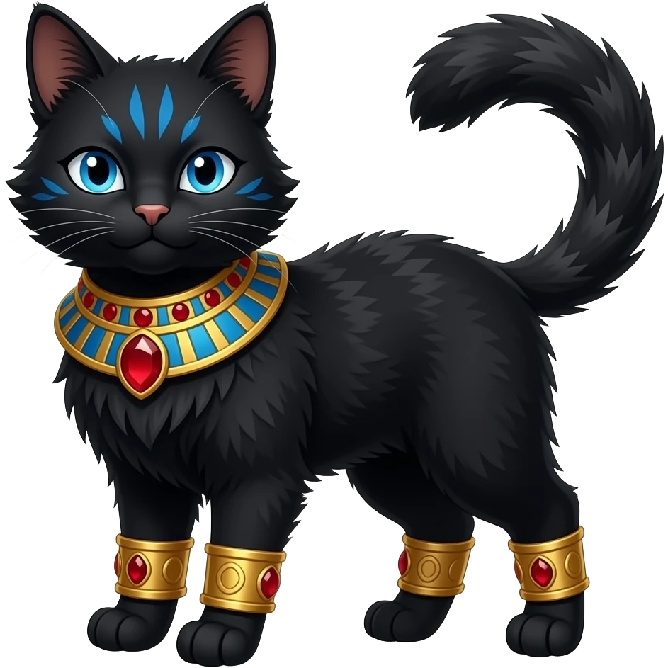 Realistic furry fuzzy Black godly overpowered ethereal majestic oriental ancient Lykoi-Caracal-Cat-Fakemon. With gold bangles, red rubies, Egyptian blue eye corner markings makeup emoji