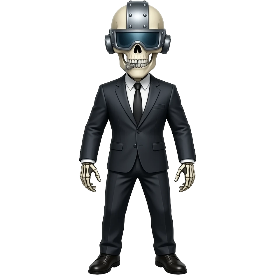 a skeletal figure wearing a suit who embodies the phrase "See no evil, hear no evil, speak no evil" as well as a symbol of censorship. His eyes are covered by a riveted-on visor, his mouth is clamped shut and his ears capped. He stands ready to fight emoji