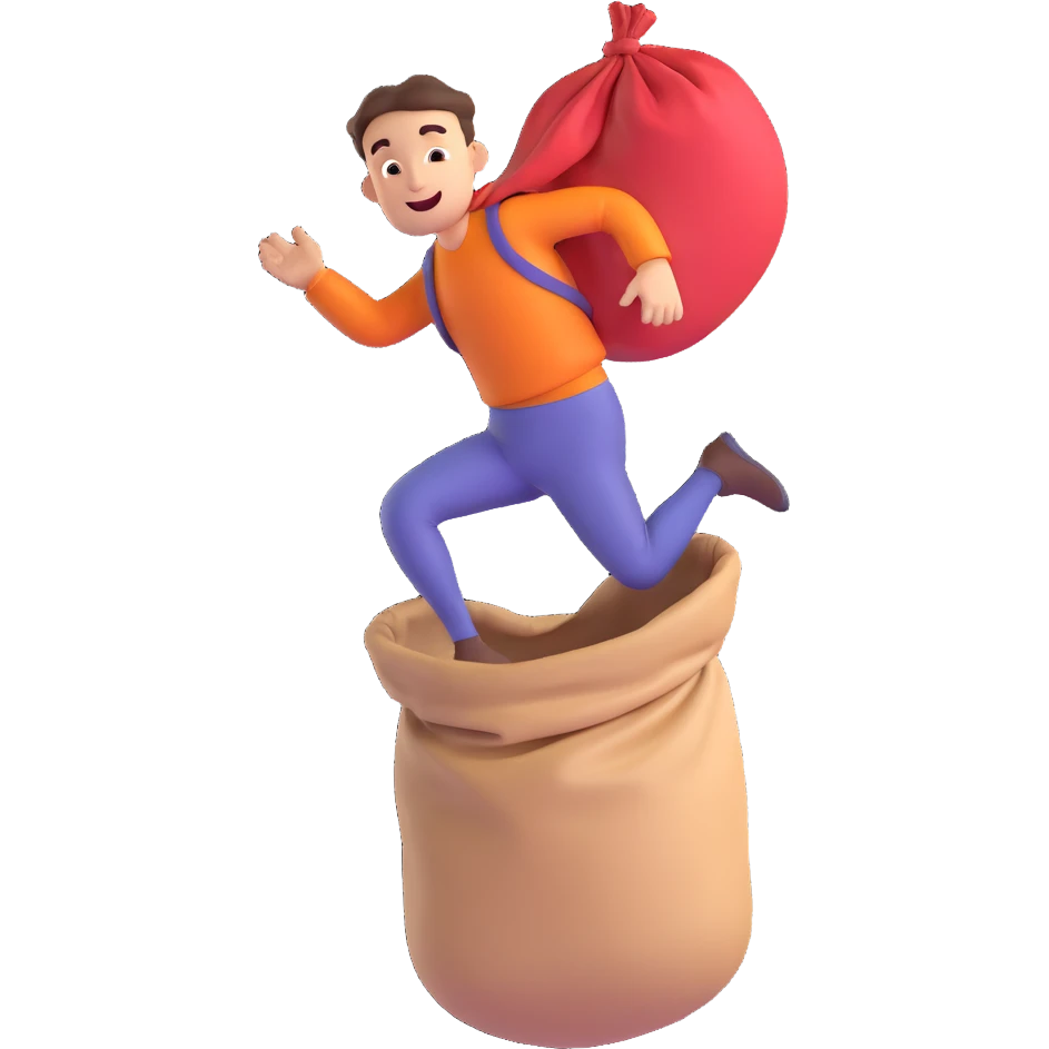 realistic dynamic pose man jumping inside of a sack, 3D style emoji