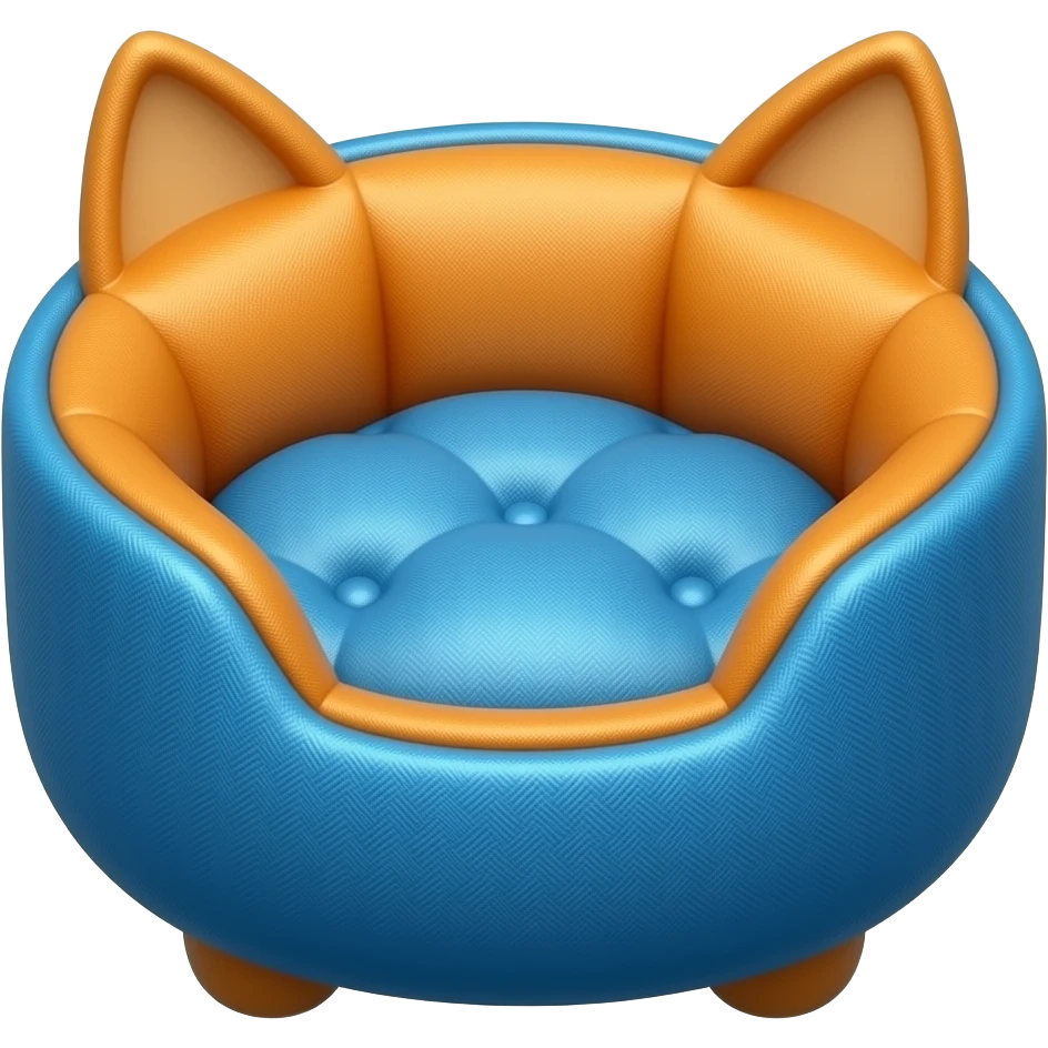 Create a cute polished 3D game icon of a cozy cat bed. Soft round cushion shape with raised edges, blue and orange colors, plush fabric texture, rounded details, gentle shadow. Empty bed only, no cat, no animal, no character, no face, transparent background, no text. emoji