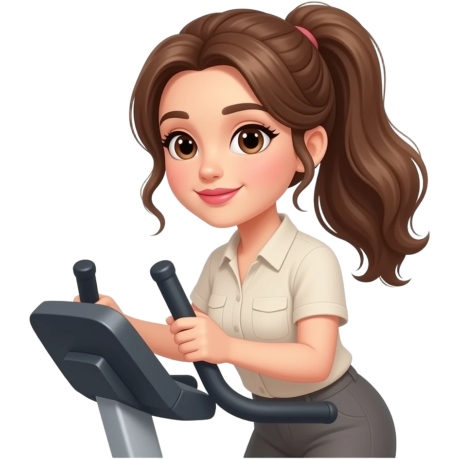 girl with wavy long ponytail brown hair, brown eyes, light to medium complexion, long lashes, light pink lipstick, wearing light beige shirt, on a stairstepper workout machine emoji