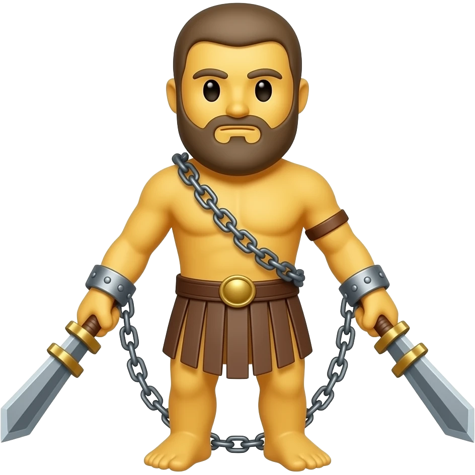 spartacus, minimal, full body, yellow skin, tipical emoji caracter style, more emojis style, more minimal, with weapons, more simplistic, emoji style, shackles on wrist with broken chains, beard emoji