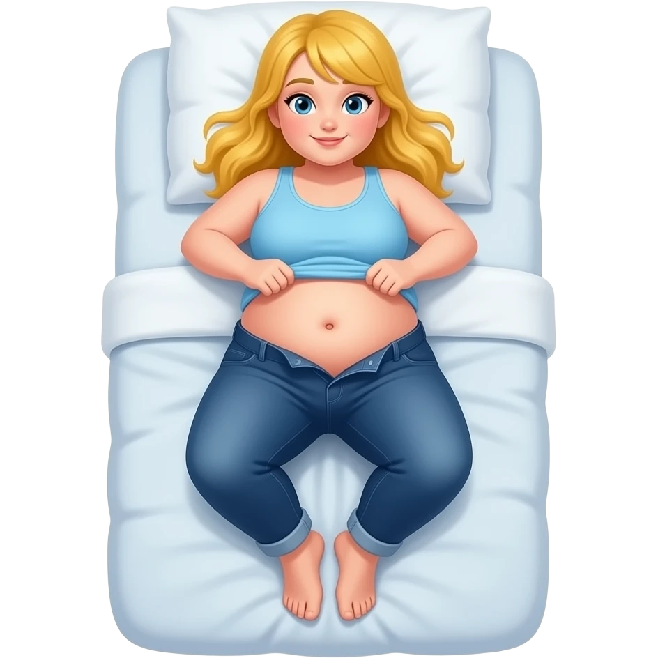 Chubby white girl blue eyes yellow long hair light blue tank top yellow star necklace dark blue plain jeans showing her feet lifting her tank top up to show chubby belly button laying down on her pillow in bed to show feet emoji