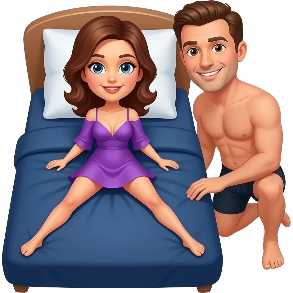 woman, in purple chemise, laying legs apart, on navy blue king size bed, with man kneeling beside her on the bed with black boxer shorts on, she is looking at him smiling , he is looking at her smirking emoji