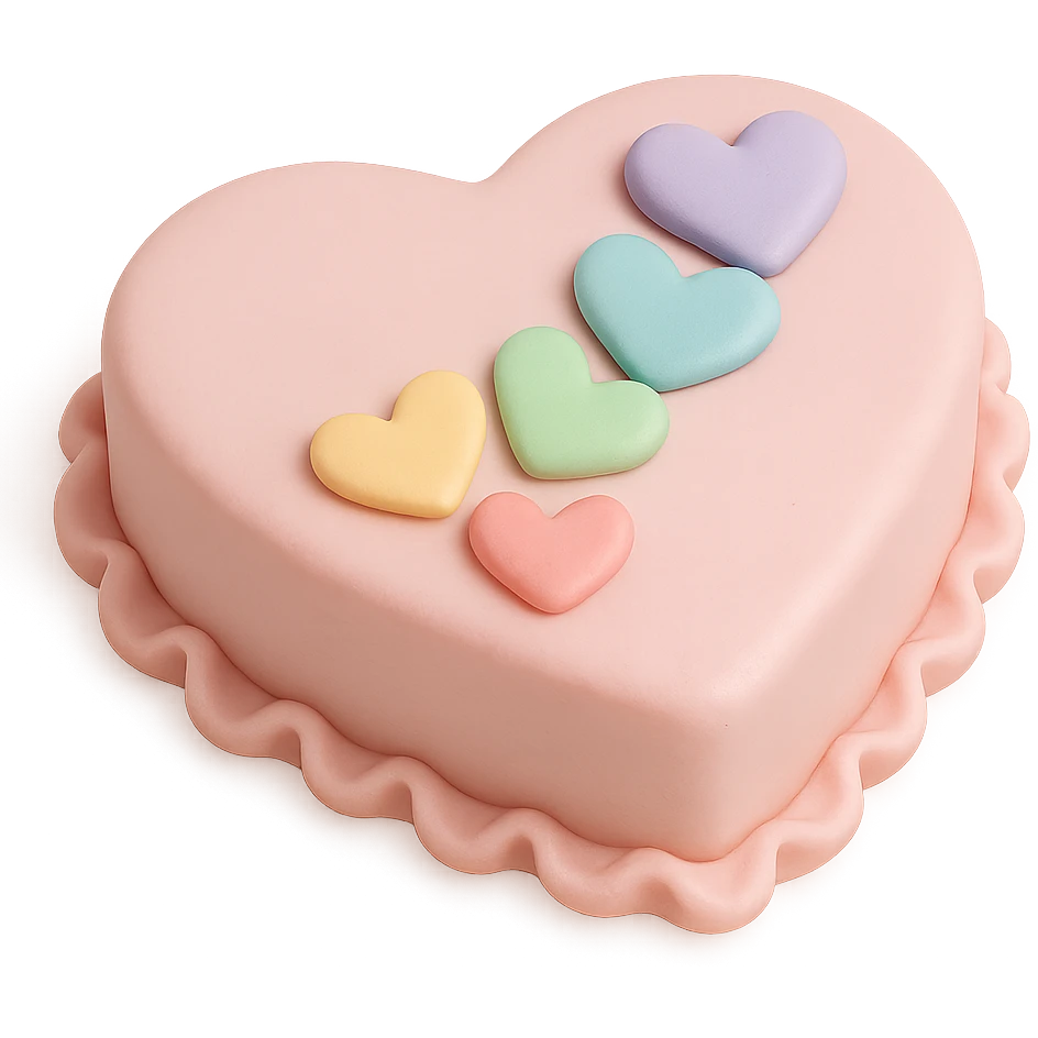 heart-shaped fondant cake with rainbow fondant hearts emoji