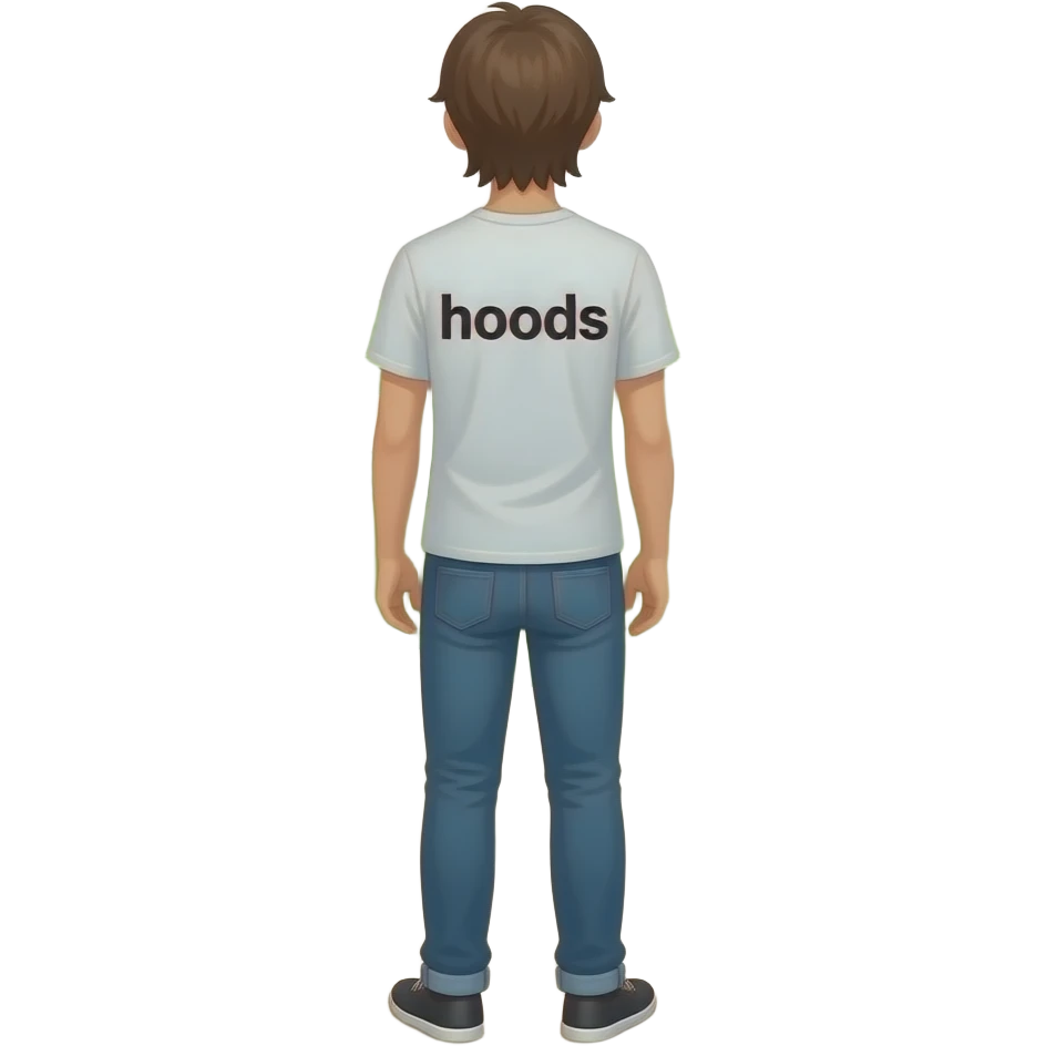 Jeune homme en entier devant pleins de chemins. Il est de dos avec écris « hoods » dans son dos. Il a les cheveux mi longs emoji