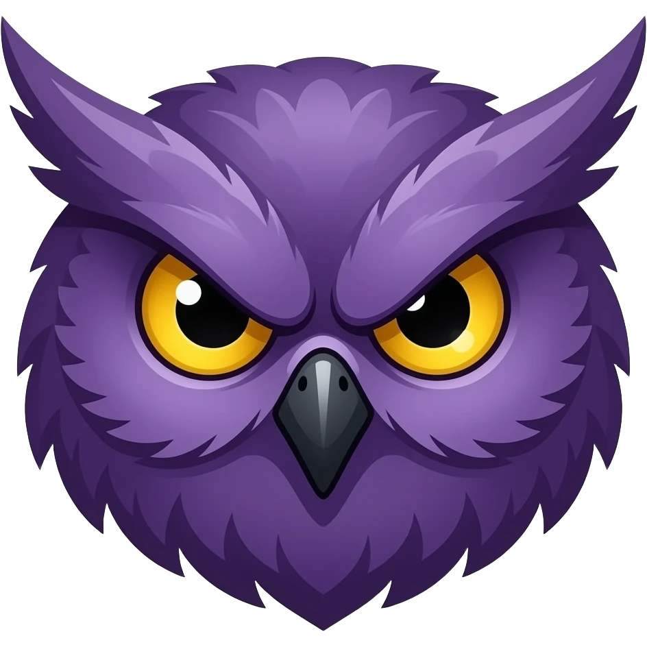 Twitch emote, a purple owl head, dark fantasy style like Dark Souls, angry or serious expression, yellow eyes, vector art, white outline, white background, square format, not chibi emoji