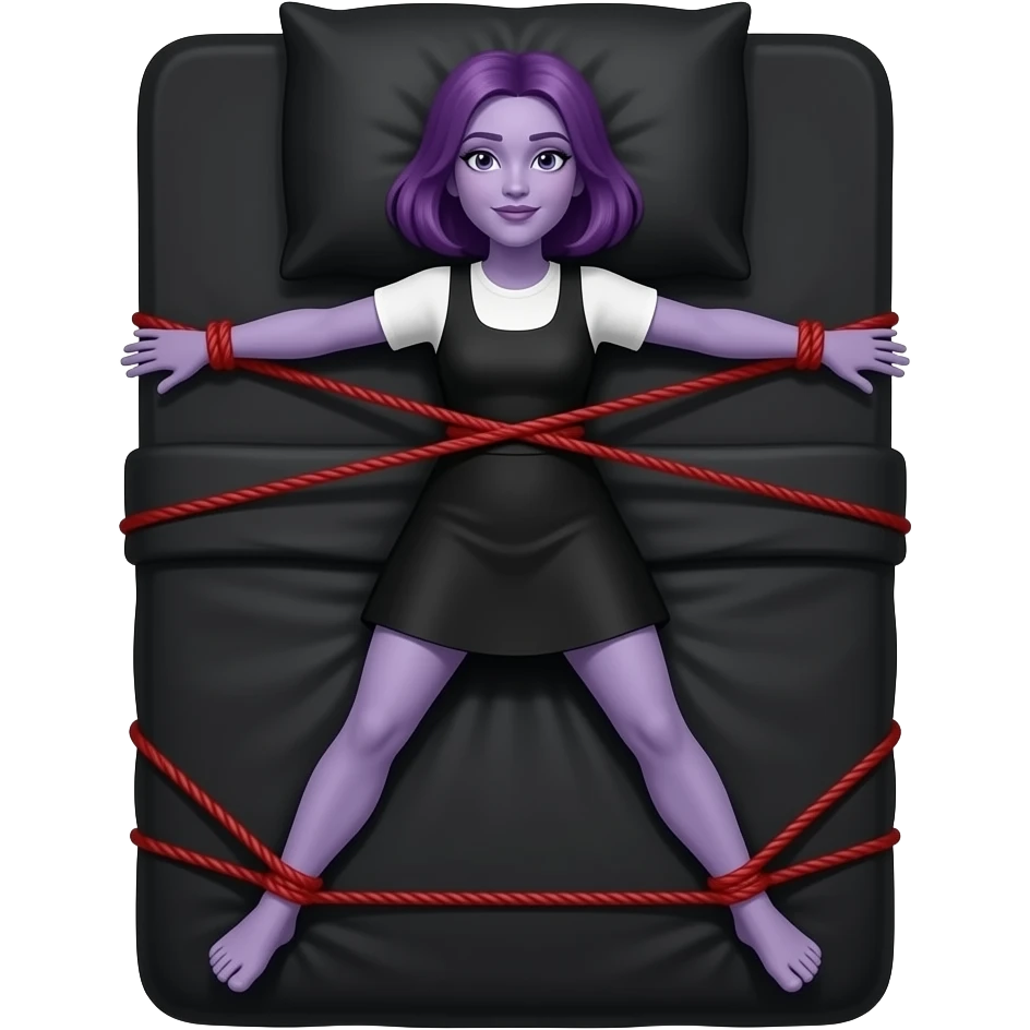 Violet Parr, Tied to a black bed, arms and legs spread, tied to the corners of the bed, black sheets, black pillow red silk ropes emoji