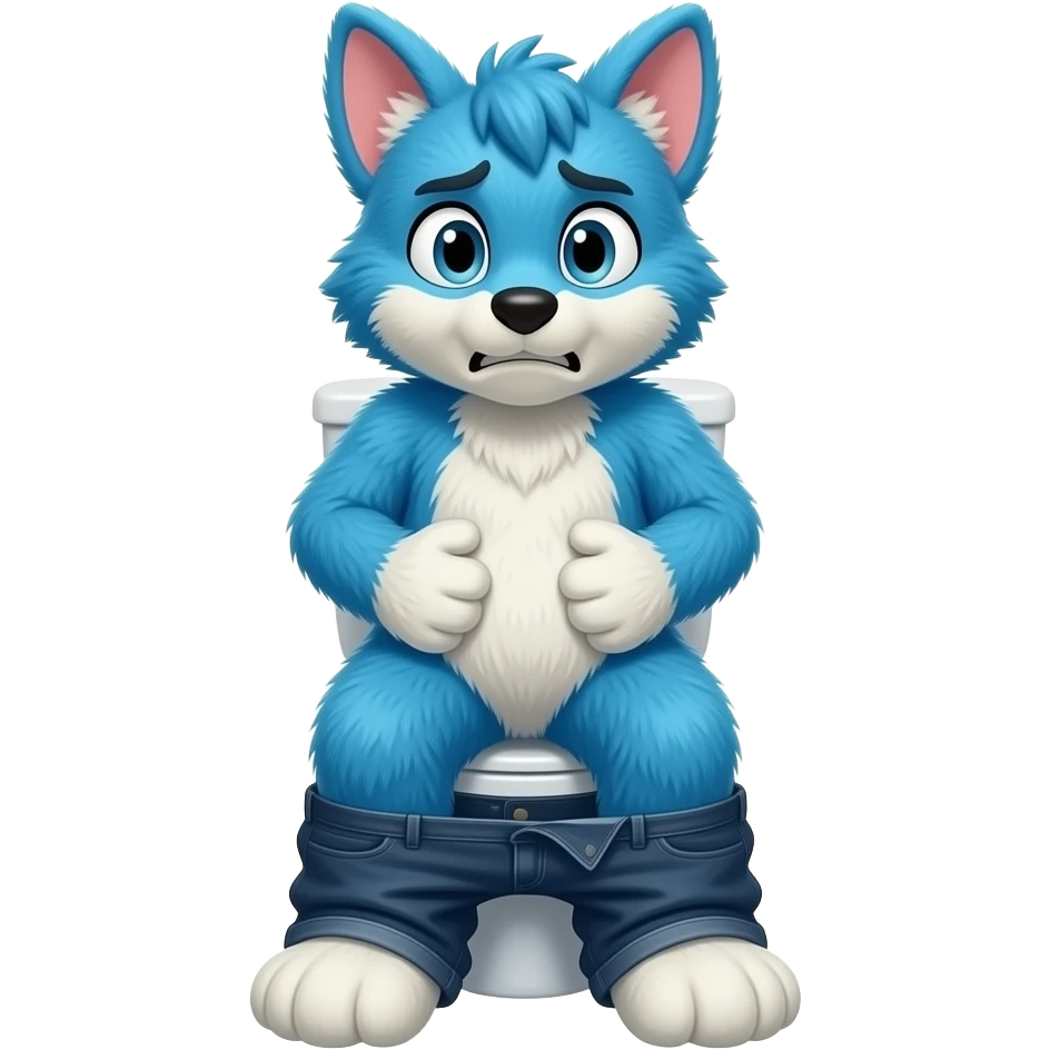 blue fursuit sitting on toilet, back view , pants down, pushing, straining face,  uncomfortable, hands on stomach emoji