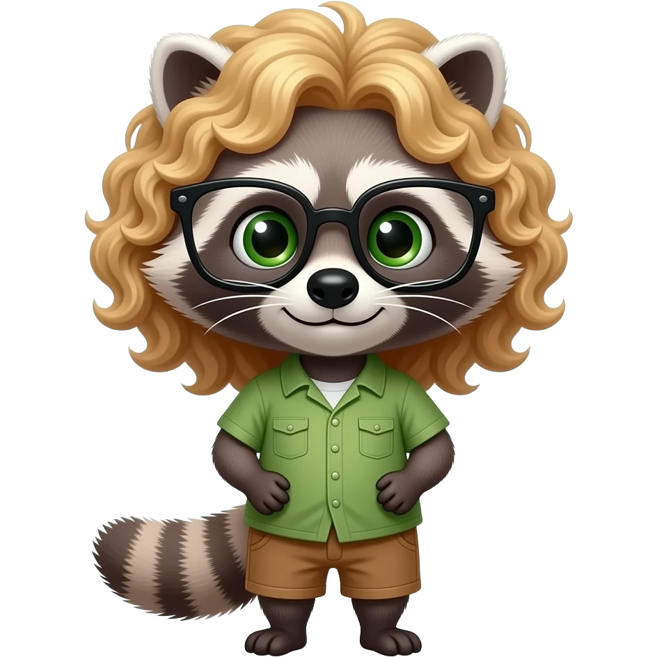 racoon with light brown, blonde curly thick shoulder length hair and glasses, with green eyes emoji