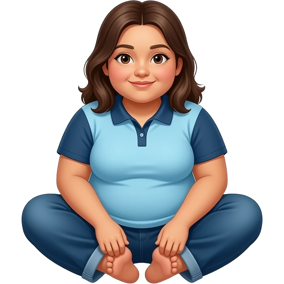 Obese Hispanic girl with brown hair and light blue and dark blue polo and dark blue baggy jeans sitting down showing her feet scrunching emoji