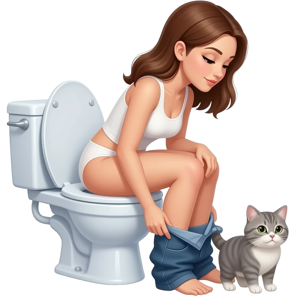 Female grey cat furry person woman,sit on toilet pants down,fursona,side view emoji