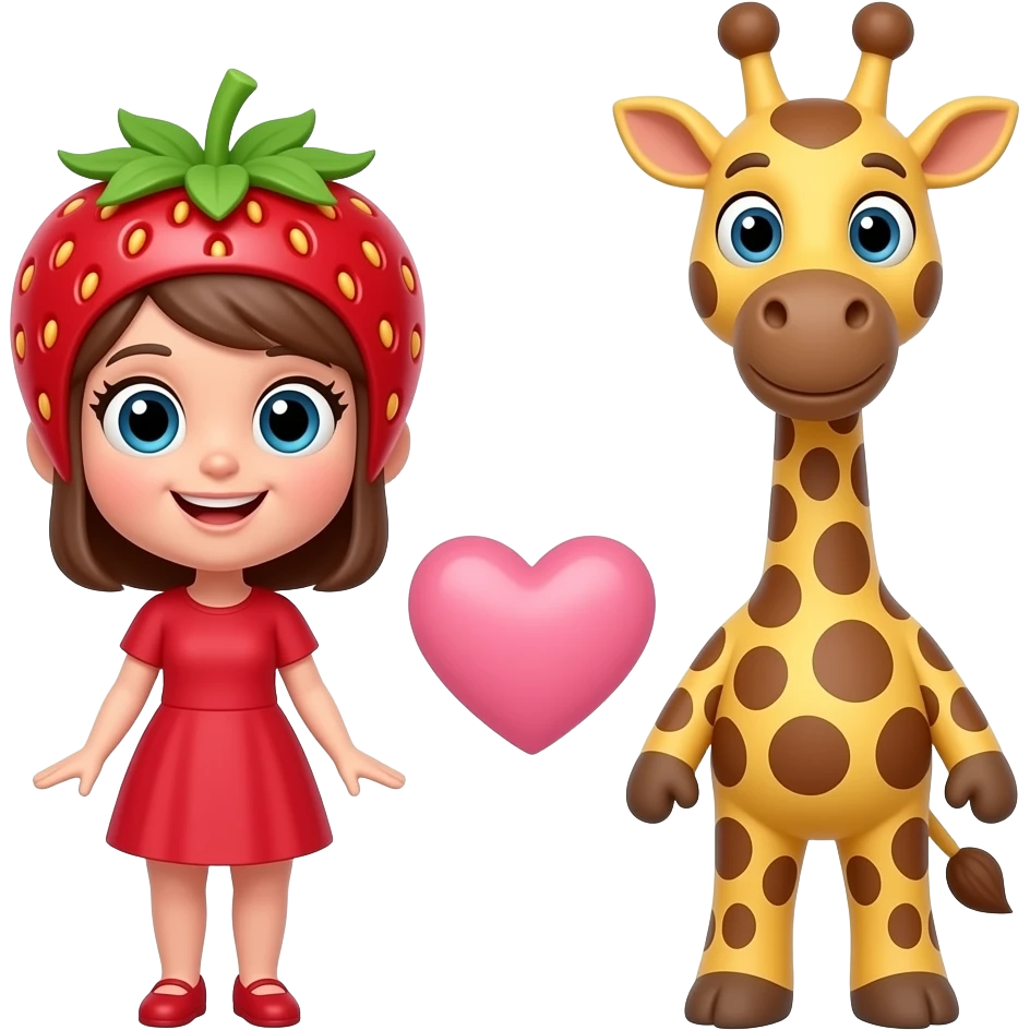Female Cartoon strawberry and cartoon male  giraffe with love heart inbetween them emoji