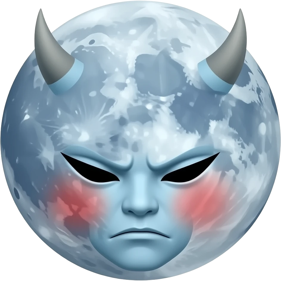 정면을 응시하고 있는 둥근 달. 요괴 귀. 파란색 스킨. 붉은 홍조. emoji