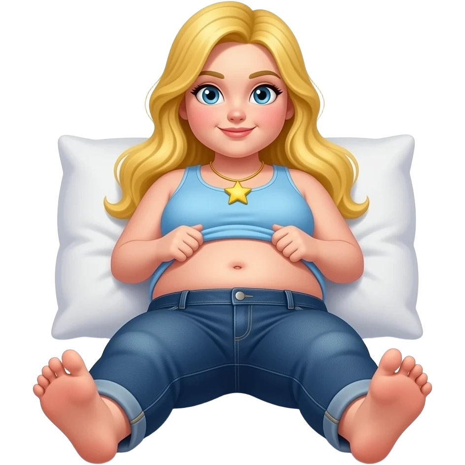 Chubby white girl blue eyes yellow long hair light blue tank top yellow star necklace dark blue plain jeans showing her feet lifting her tank top up to show chubby belly button laying down on her pillow in bed to show feet emoji