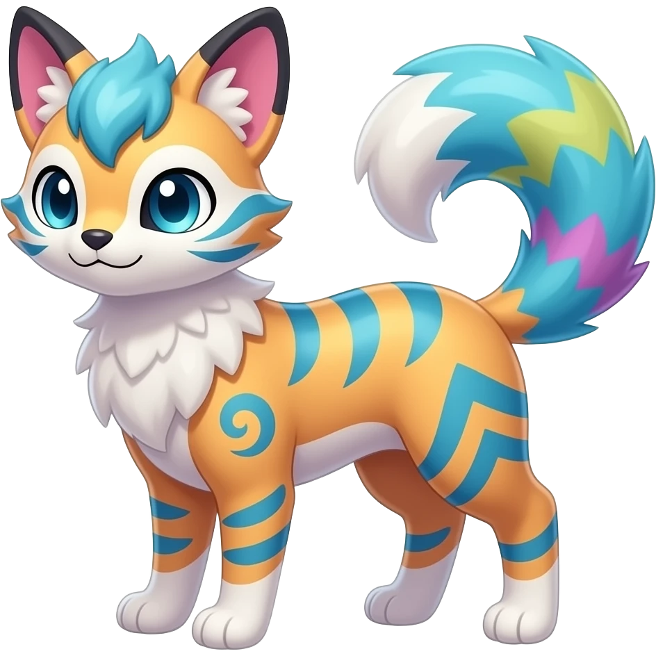Colorful shiny smooth soft flurry pastel Civet-Trico-Sprigatito-Fennekin-Manectric-Vaporeon-Fakémon-hybrid with tribal markings emoji
