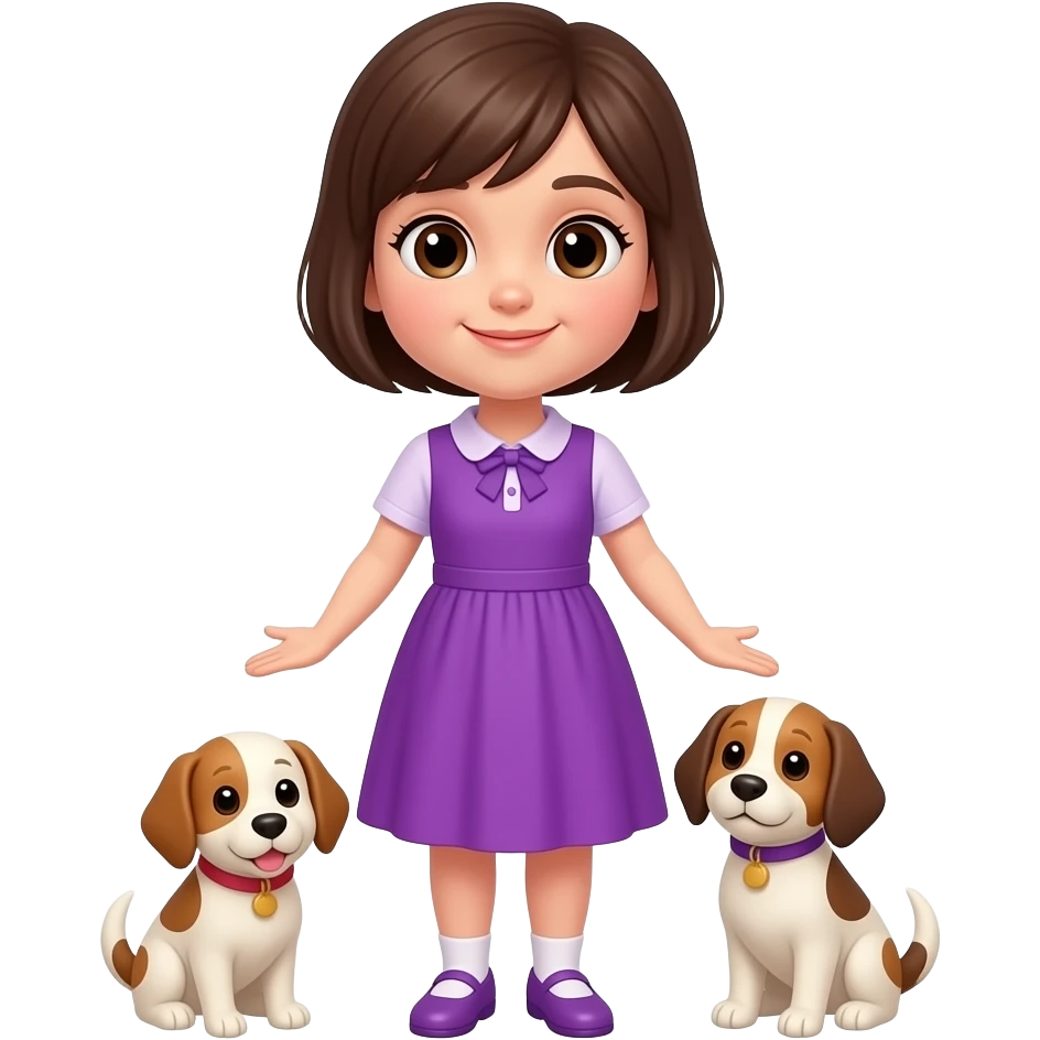 a girl with short brown hair with brown eyes loves dogs purple dress whole body emoji