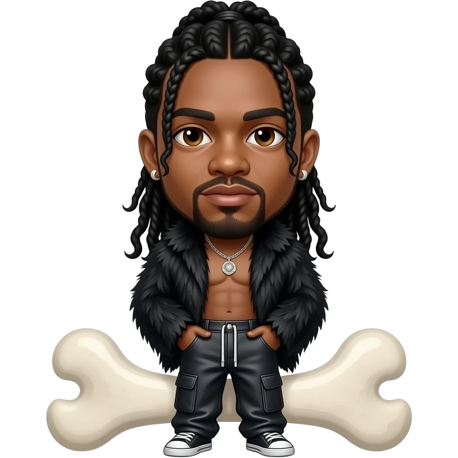 Wish Bone from Bone Thugs-N-Harmony with brown eyes, long black hair, black fur shawl, black metallic baggy pants, shirtless with necklace and earrings emoji