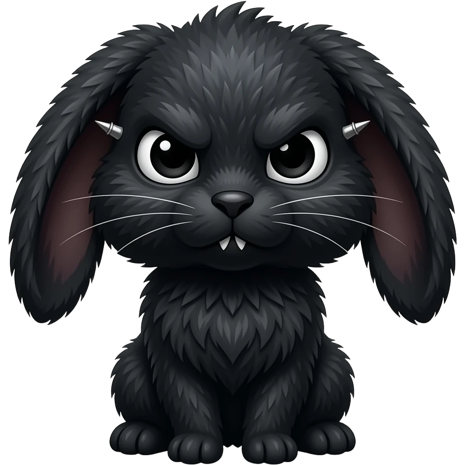 a black rabbit with a lot of fur, a wide face with piercings, drooping ears, large black eyes and eyebrows, and a stern, tired look emoji