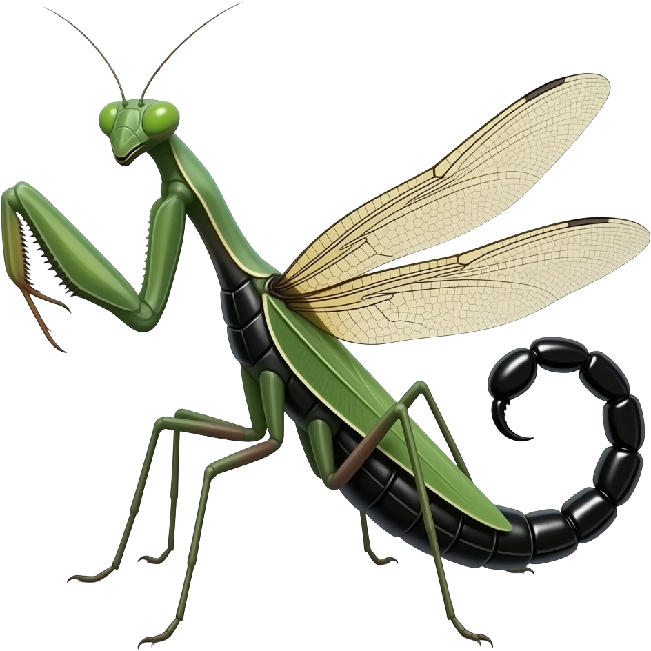A praying mantis torso on a black widow body with dragonfly wings, a scorpion tail and pinchers, insectoid fusion, realistic, emoji