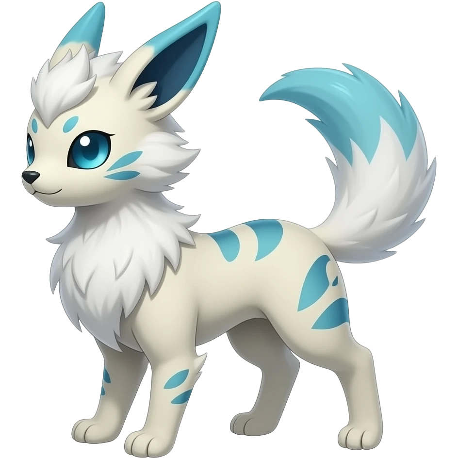 lanky fluffy fuzzy puffy tall elegant oriental feral painted Asian Absol-Glaceon-Sylveon-animal-Fakémon-fusion-hybrid-creature emoji